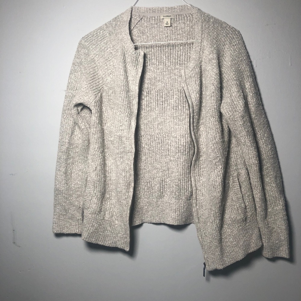 L.L.Bean Cardigan Sweater Womens Medium Gray Full Zip 100% Cotton Ribbed 292544